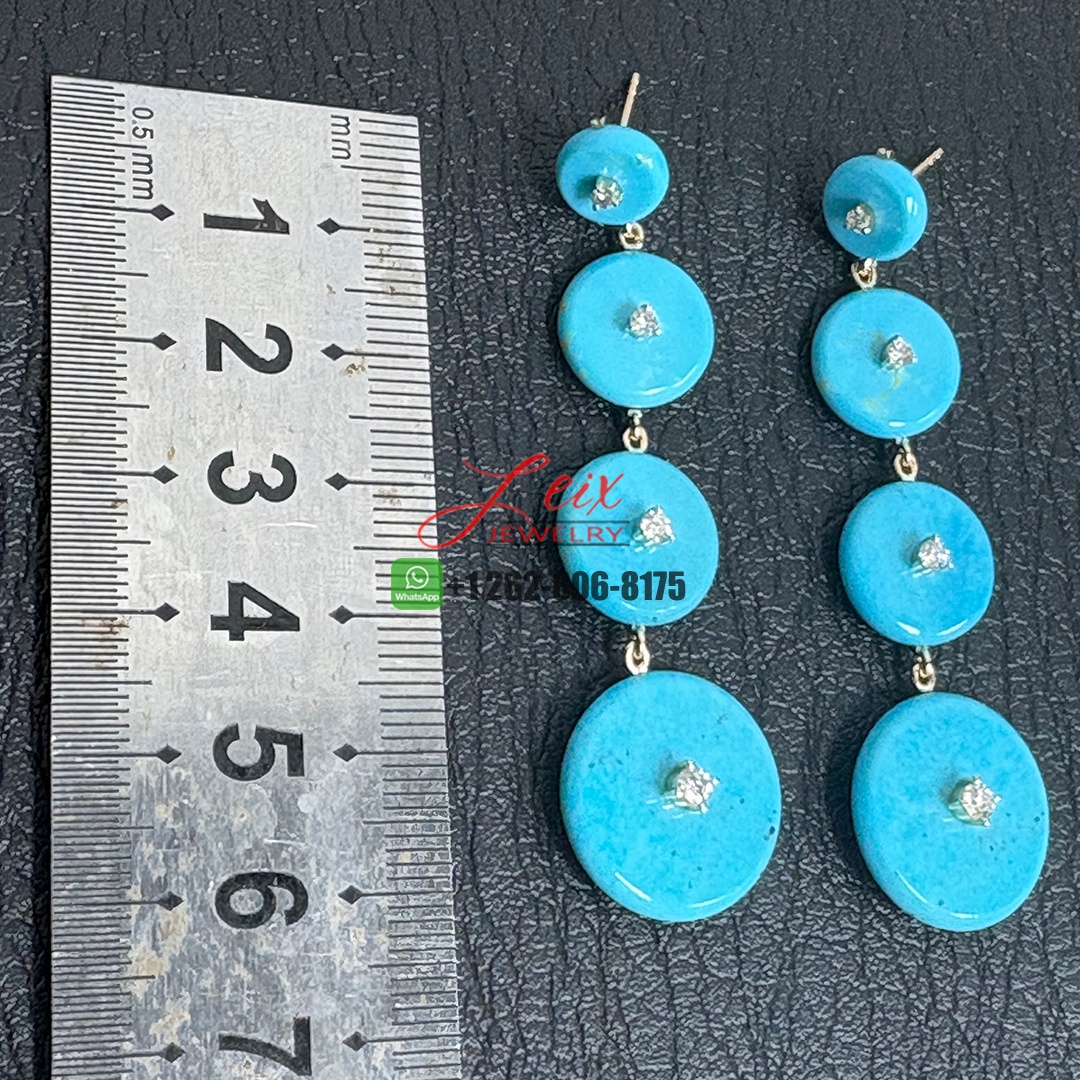 Custom Made 18k Yellow Gold Handmade Natural Turquoise and Diamond Drop Earrings (1)