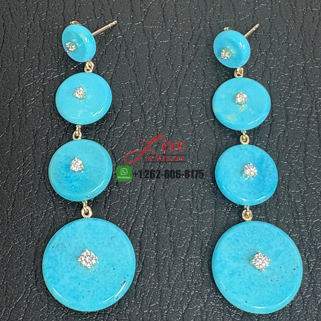 Custom Made 18k Yellow Gold Handmade Natural Turquoise and Diamond Drop Earrings