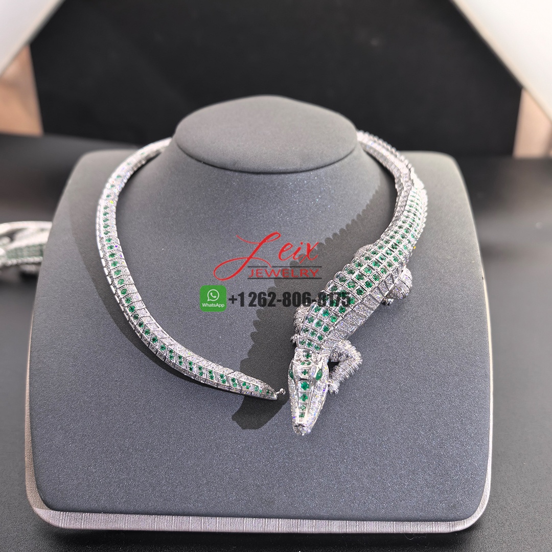 Cartier 18k White Gold Faune et Flore de Cartier Pave Diamonds and Emeralds High Jewelry Crocodile Necklace (1)