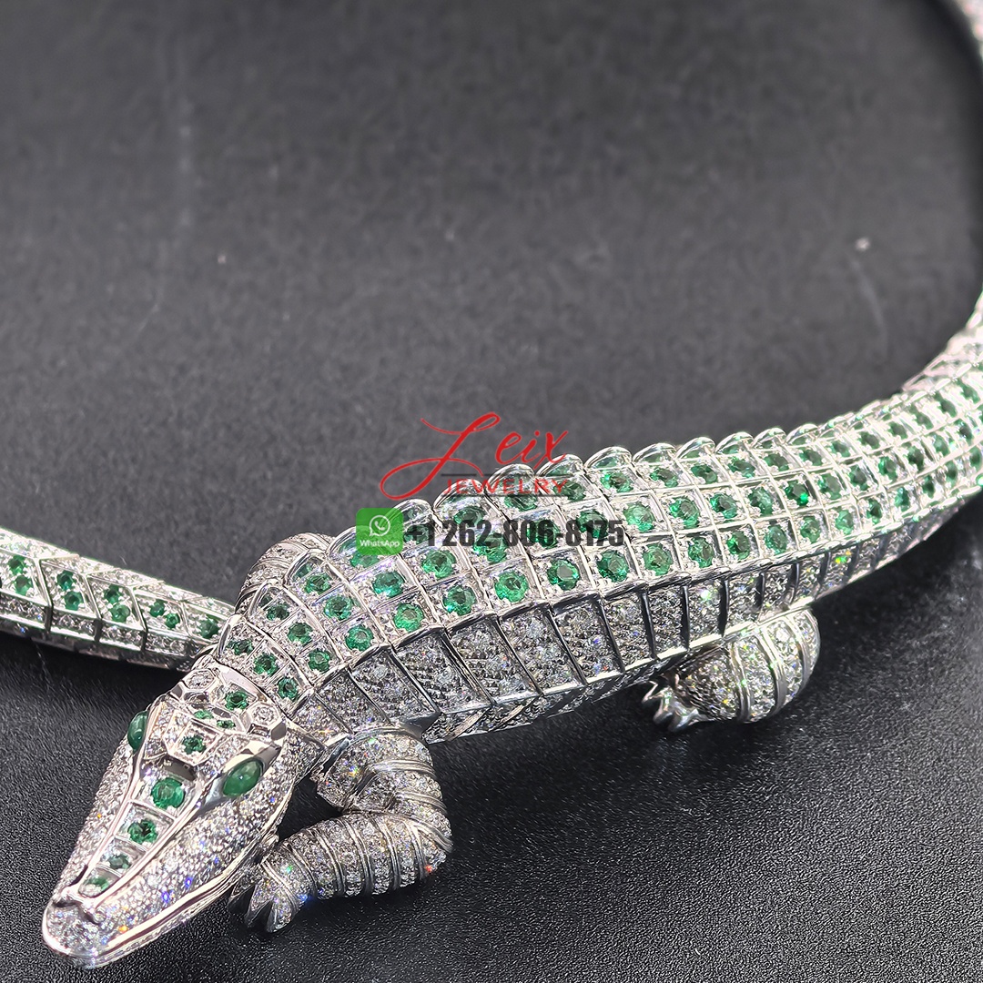 Cartier 18k White Gold Faune et Flore de Cartier Pave Diamonds and Emeralds High Jewelry Crocodile Necklace (10)
