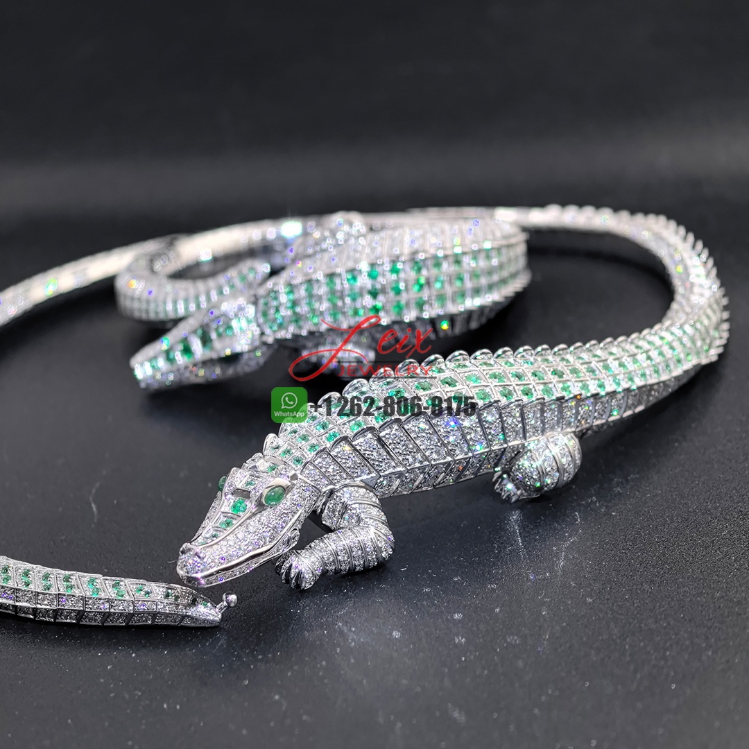 Cartier 18k White Gold Faune et Flore de Cartier Pave Diamonds and Emeralds High Jewelry Crocodile Necklace (3)