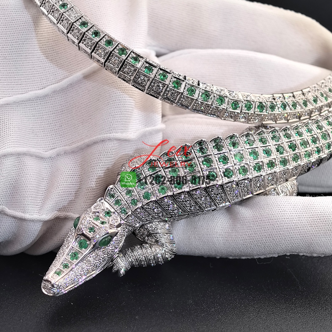 Cartier 18k White Gold Faune et Flore de Cartier Pave Diamonds and Emeralds High Jewelry Crocodile Necklace (5)