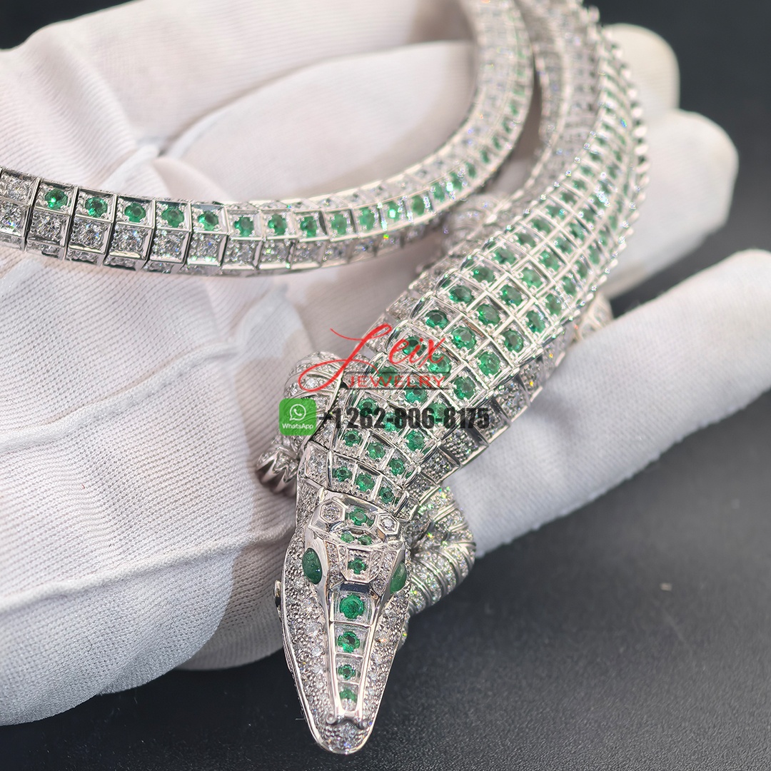 Cartier 18k White Gold Faune et Flore de Cartier Pave Diamonds and Emeralds High Jewelry Crocodile Necklace (6)