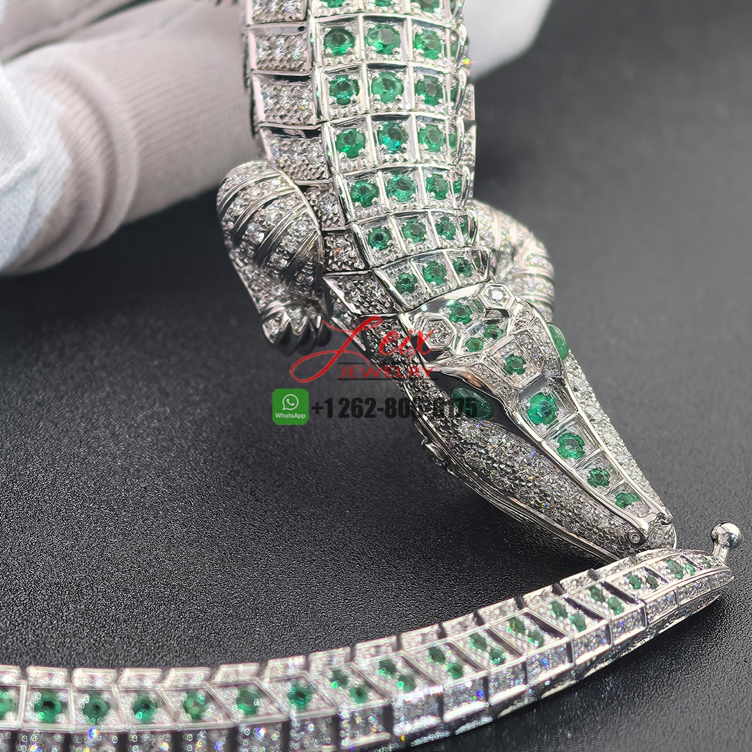 Cartier 18k White Gold Faune et Flore de Cartier Pave Diamonds and Emeralds High Jewelry Crocodile Necklace (9)