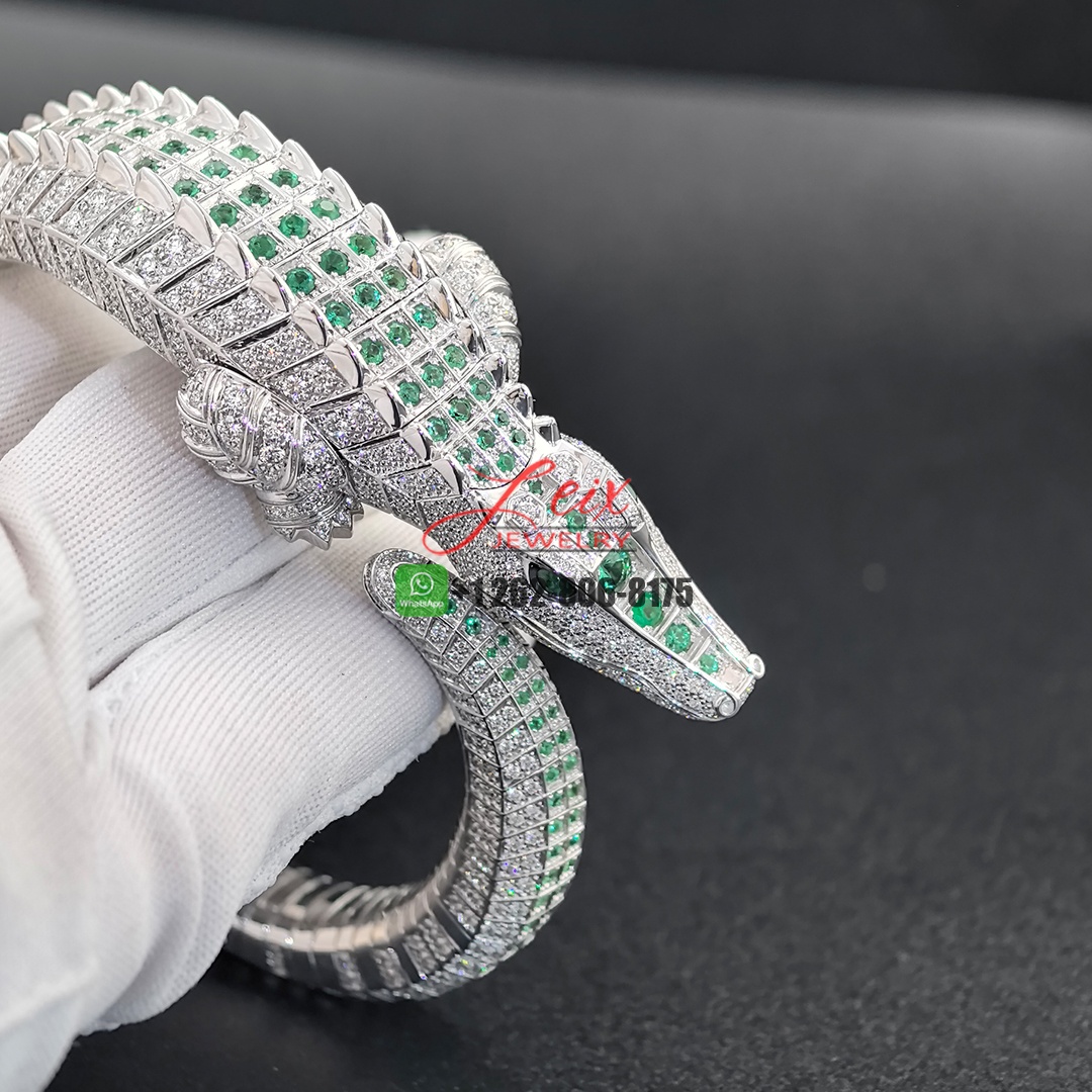 Cartier 18k White Gold Pave Diamonds and Emeralds Faune et Flore de Cartier Alligator High Jewelry Bracelet (1)