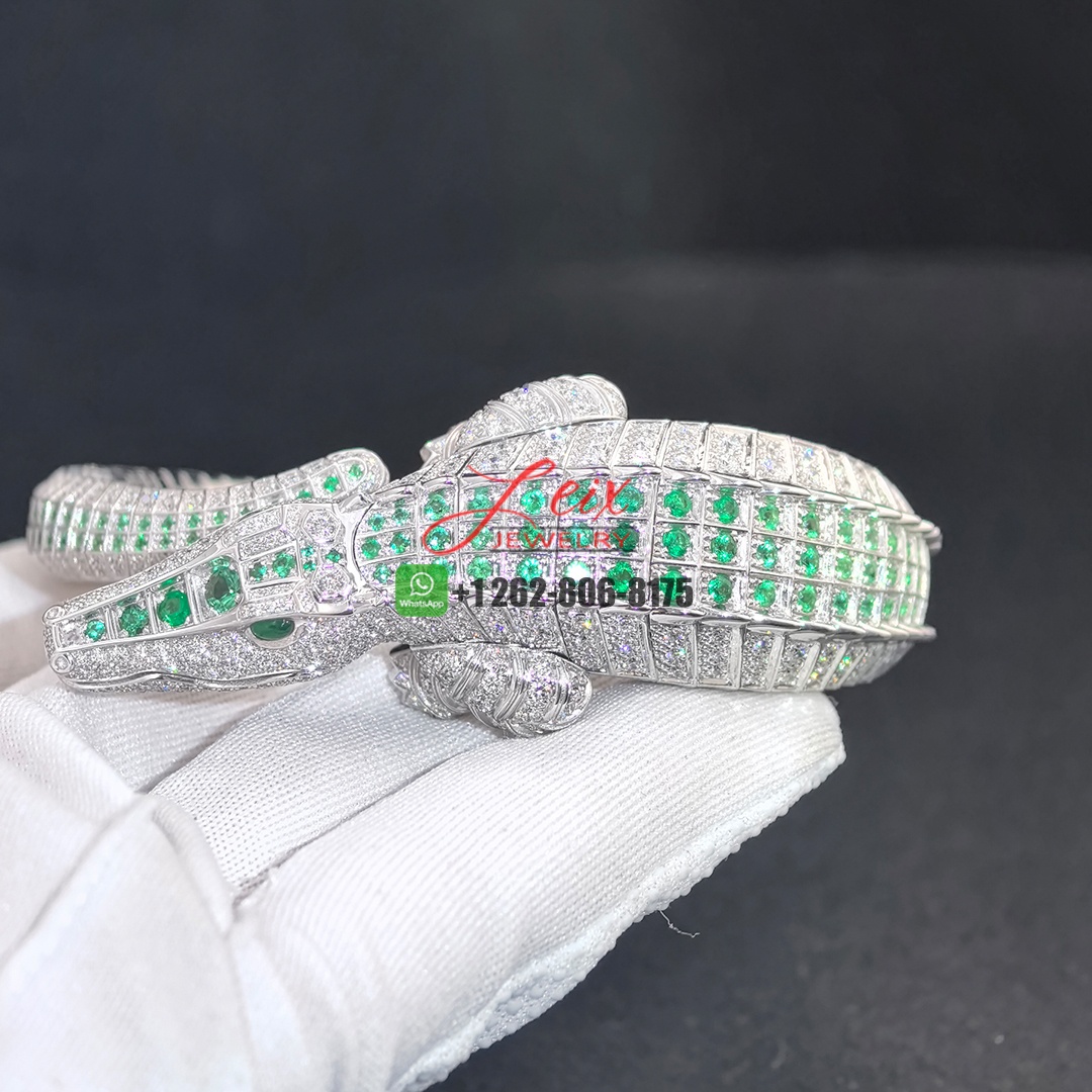 Cartier 18k White Gold Pave Diamonds and Emeralds Faune et Flore de Cartier Alligator High Jewelry Bracelet (10)