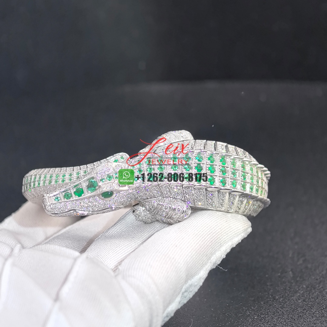 Cartier 18k White Gold Pave Diamonds and Emeralds Faune et Flore de Cartier Alligator High Jewelry Bracelet (11)