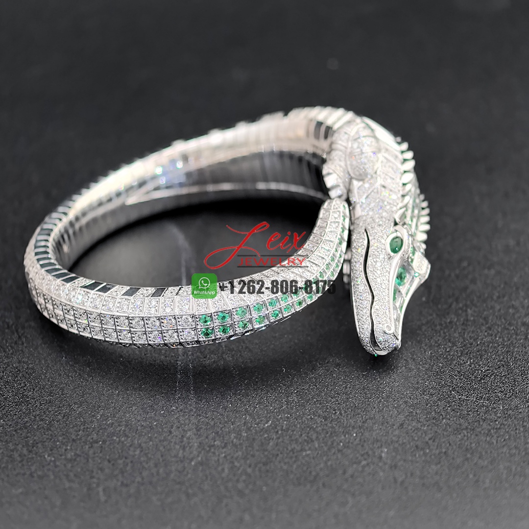 Cartier 18k White Gold Pave Diamonds and Emeralds Faune et Flore de Cartier Alligator High Jewelry Bracelet (3)