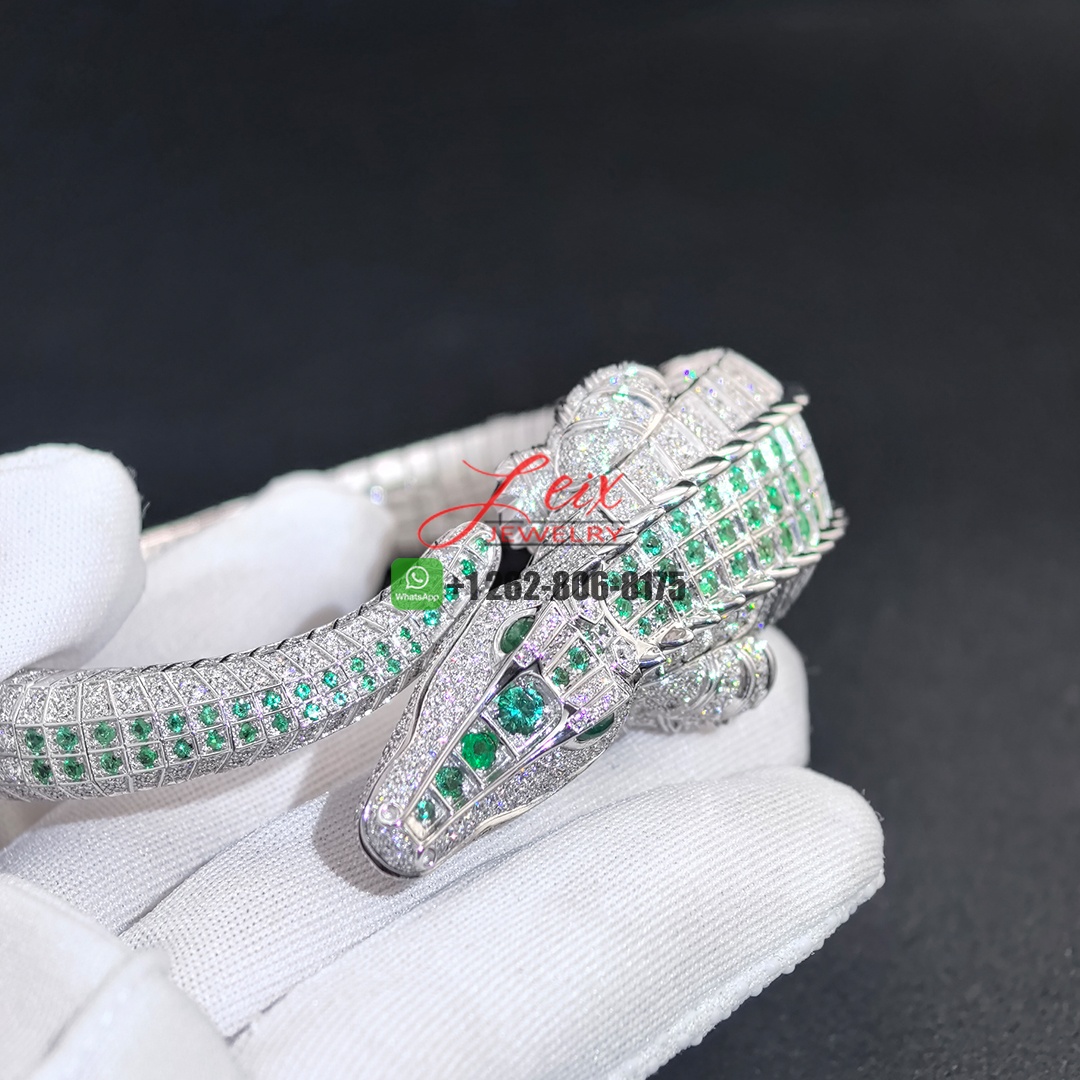 Cartier 18k White Gold Pave Diamonds and Emeralds Faune et Flore de Cartier Alligator High Jewelry Bracelet (4)
