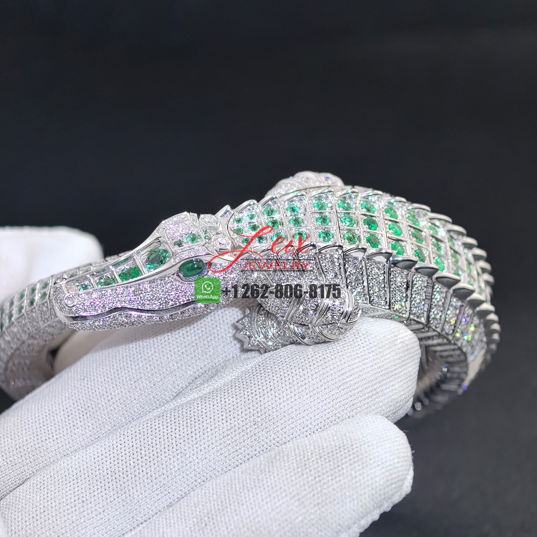 Cartier 18k White Gold Pave Diamonds and Emeralds Faune et Flore de Cartier Alligator High Jewelry Bracelet (5)