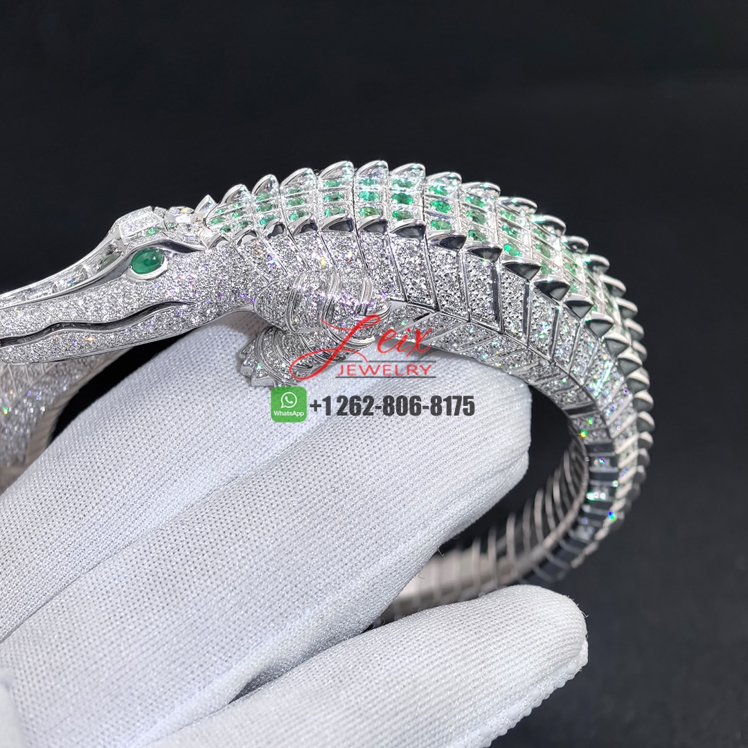 Cartier 18k White Gold Pave Diamonds and Emeralds Faune et Flore de Cartier Alligator High Jewelry Bracelet (6)