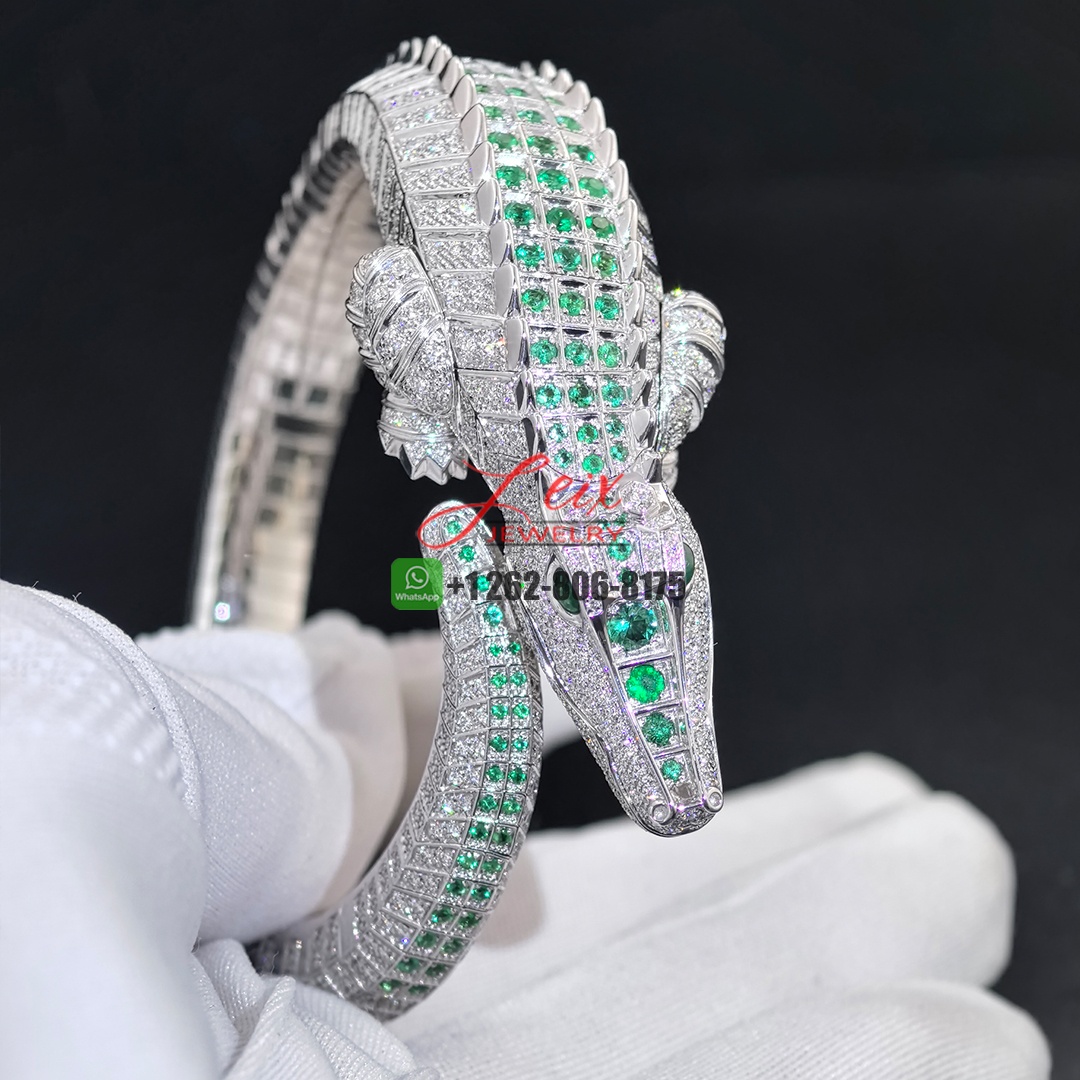 Cartier 18k White Gold Pave Diamonds and Emeralds Faune et Flore de Cartier Alligator High Jewelry Bracelet (7)