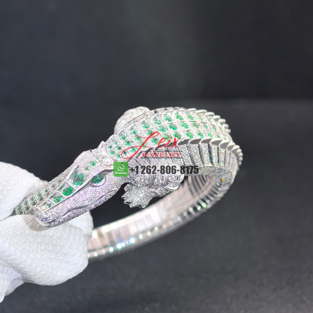 Cartier 18k White Gold Pave Diamonds and Emeralds Faune et Flore de Cartier Alligator High Jewelry Bracelet