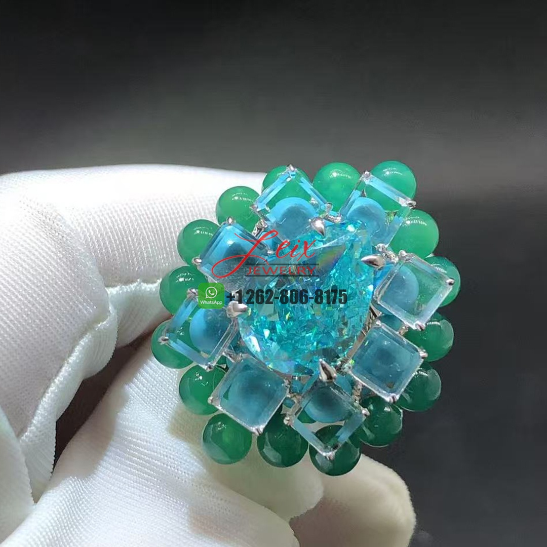 Cartier En Équilibre High Jewelry 7.8ct Tourmaline Motu Ring in 18K White Gold Rectangular Diamonds, Chrysoprase and Turquoise Beads (1)