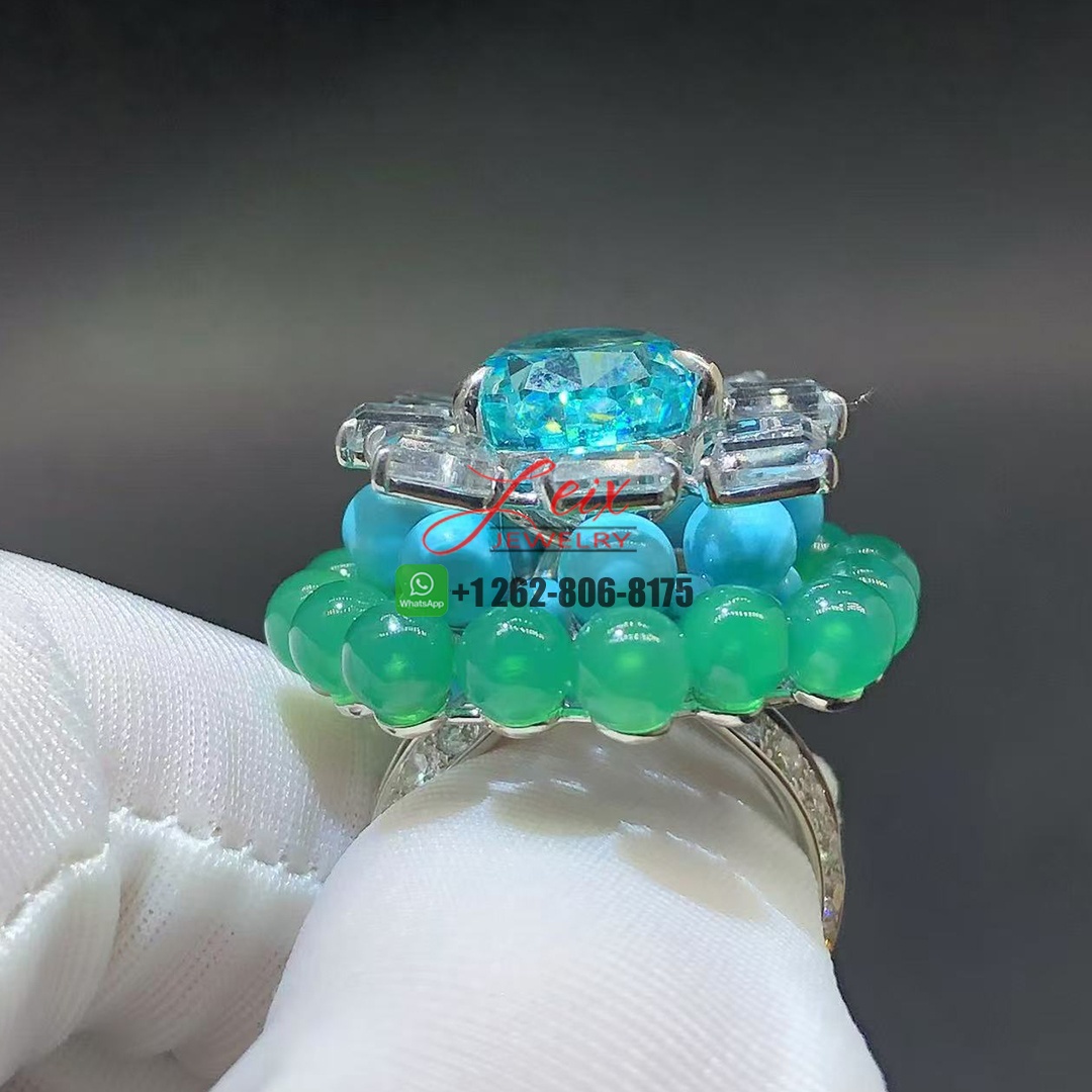 Cartier En Équilibre High Jewelry 7.8ct Tourmaline Motu Ring in 18K White Gold Rectangular Diamonds, Chrysoprase and Turquoise Beads (2)