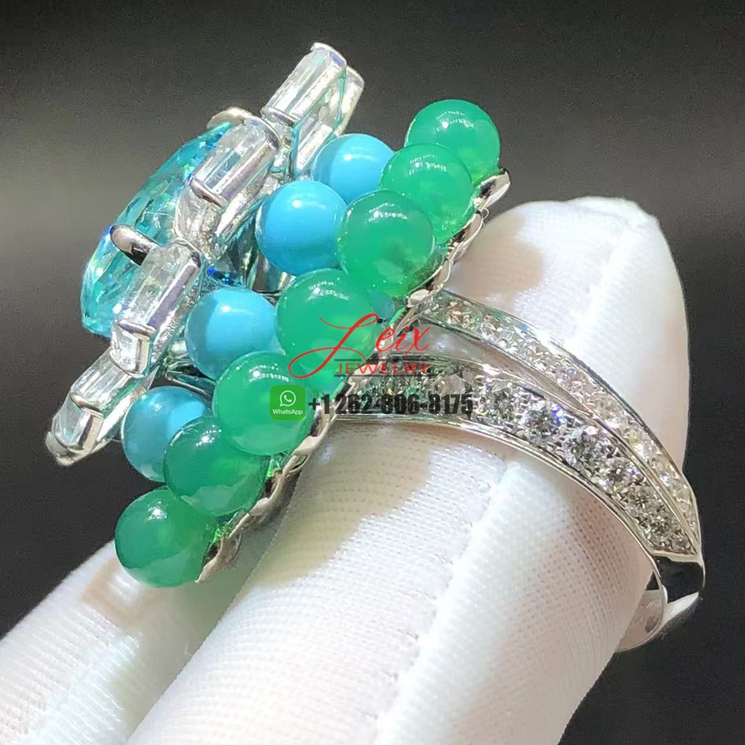 Cartier En Équilibre High Jewelry 7.8ct Tourmaline Motu Ring in 18K White Gold Rectangular Diamonds, Chrysoprase and Turquoise Beads (3)