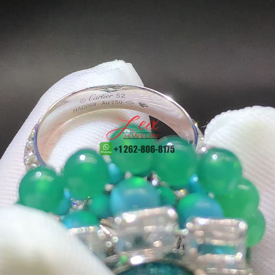 Cartier En Équilibre High Jewelry 7.8ct Tourmaline Motu Ring in 18K White Gold Rectangular Diamonds, Chrysoprase and Turquoise Beads (4)