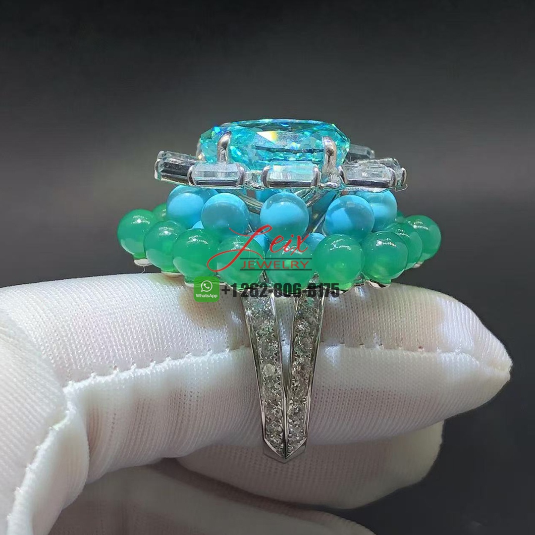 Cartier En Équilibre High Jewelry 7.8ct Tourmaline Motu Ring in 18K White Gold Rectangular Diamonds, Chrysoprase and Turquoise Beads (5)