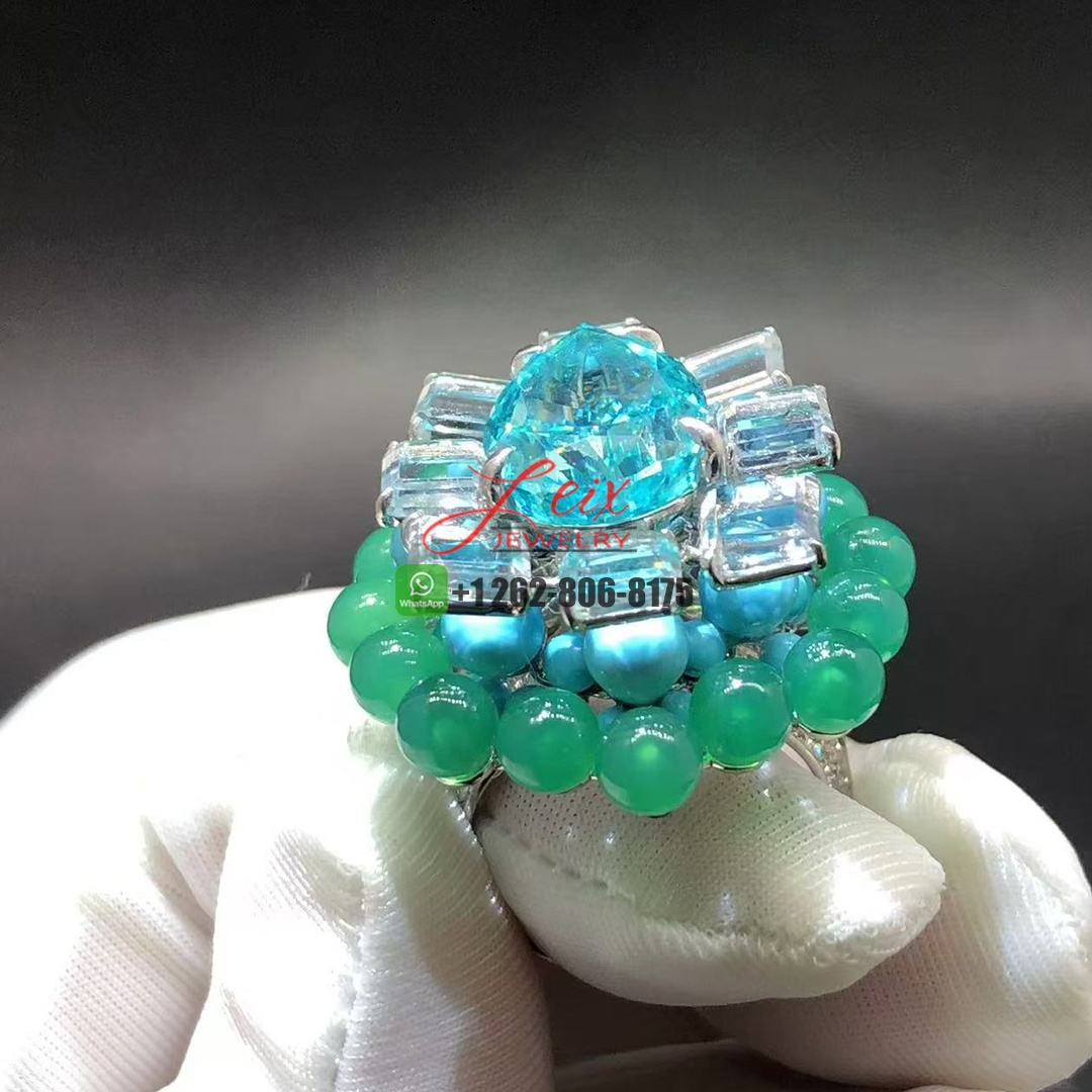 Cartier En Équilibre High Jewelry 7.8ct Tourmaline Motu Ring in 18K White Gold Rectangular Diamonds, Chrysoprase and Turquoise Beads (6)