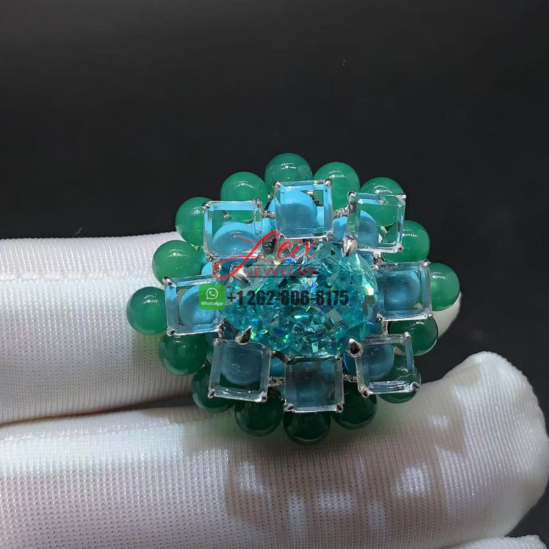 Cartier En Équilibre High Jewelry 7.8ct Tourmaline Motu Ring in 18K White Gold Rectangular Diamonds, Chrysoprase and Turquoise Beads (7)