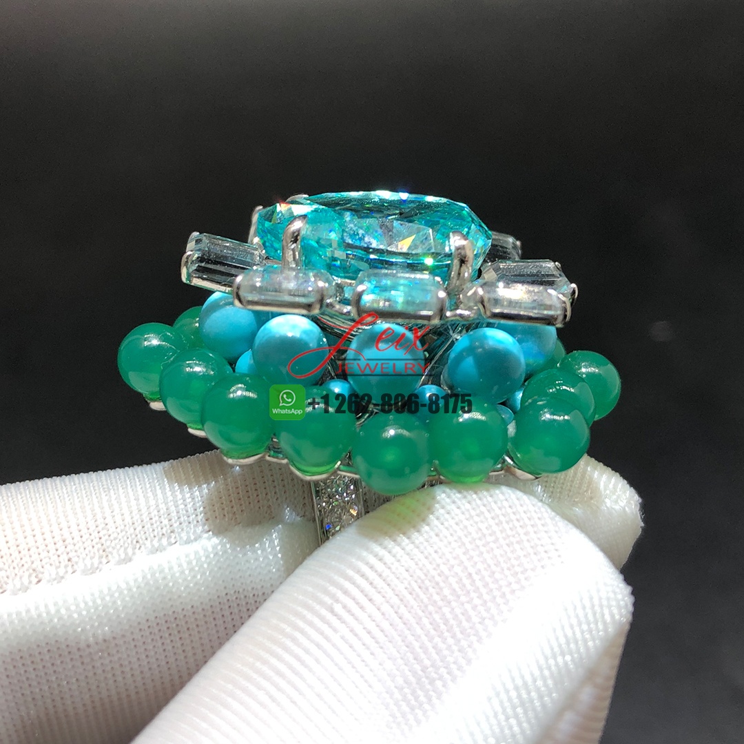 Cartier En Équilibre High Jewelry 7.8ct Tourmaline Motu Ring in 18K White Gold Rectangular Diamonds, Chrysoprase and Turquoise Beads (8)