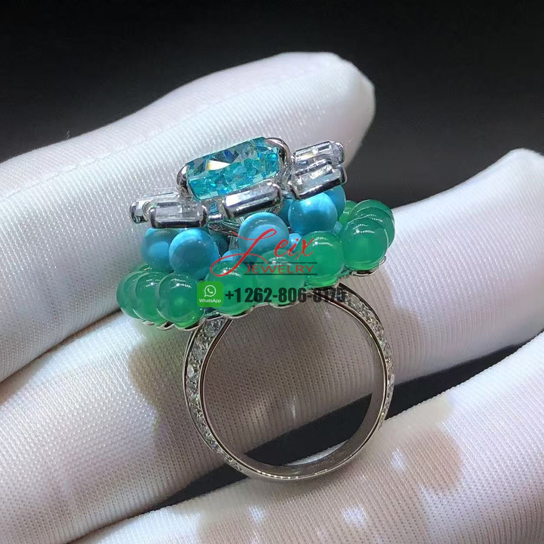 Cartier En Équilibre High Jewelry 7.8ct Tourmaline Motu Ring in 18K White Gold Rectangular Diamonds, Chrysoprase and Turquoise Beads (9)