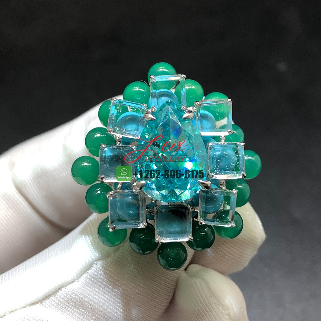 Cartier En Équilibre High Jewelry 7.8ct Tourmaline Motu Ring in 18K White Gold Rectangular Diamonds, Chrysoprase and Turquoise Beads