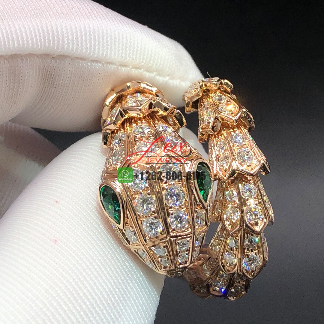 Bvlgari Serpenti 18k Rose Gold Full Pavé Diamonds and Emerald Eyes Ring (1)