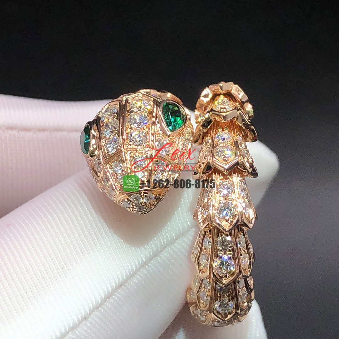 Bvlgari Serpenti 18k Rose Gold Full Pavé Diamonds and Emerald Eyes Ring (2)