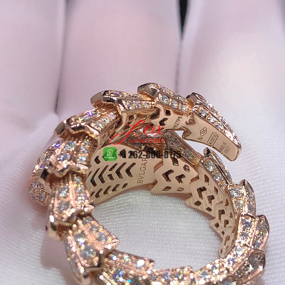 Bvlgari Serpenti 18k Rose Gold Full Pavé Diamonds and Emerald Eyes Ring (3)