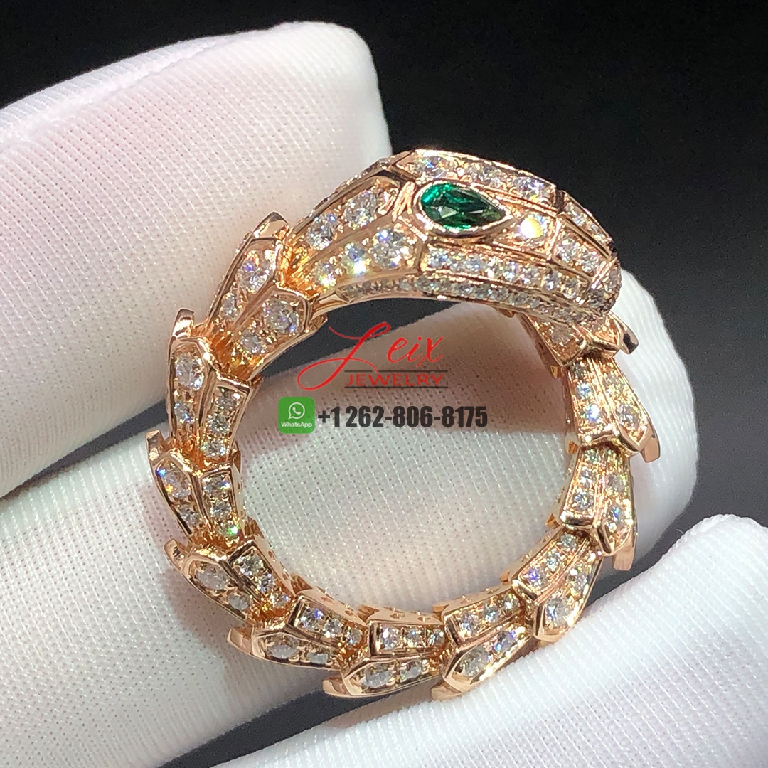 Bvlgari Serpenti 18k Rose Gold Full Pavé Diamonds and Emerald Eyes Ring (4)