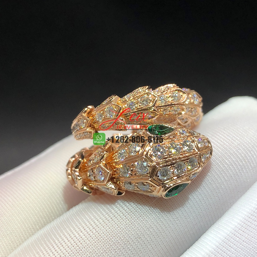 Bvlgari Serpenti 18k Rose Gold Full Pavé Diamonds and Emerald Eyes Ring