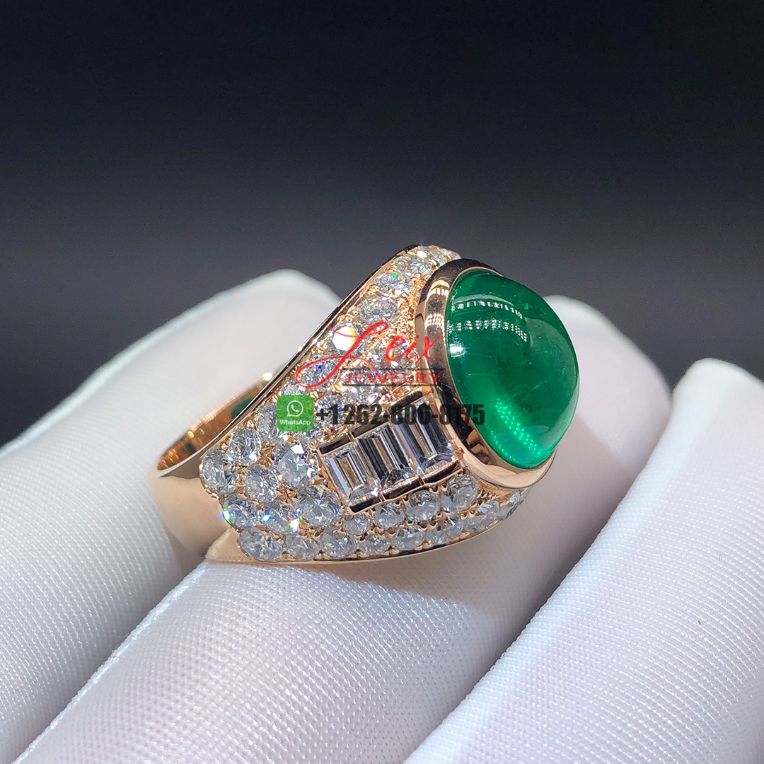 Custom Made 18k Rose Gold and 10ct Cabochon Emerald and Diamond Ring (1)