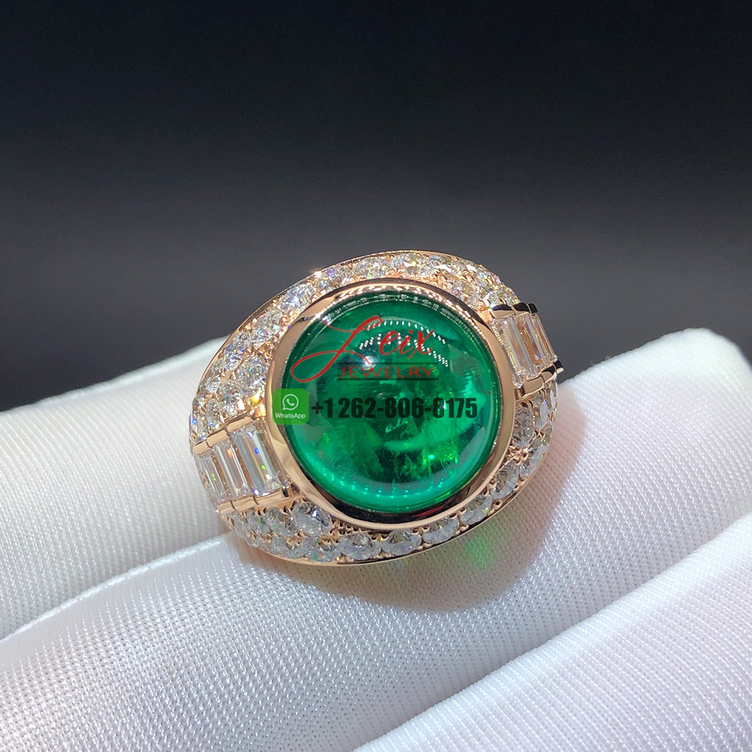 Custom Made 18k Rose Gold and 10ct Cabochon Emerald and Diamond Ring