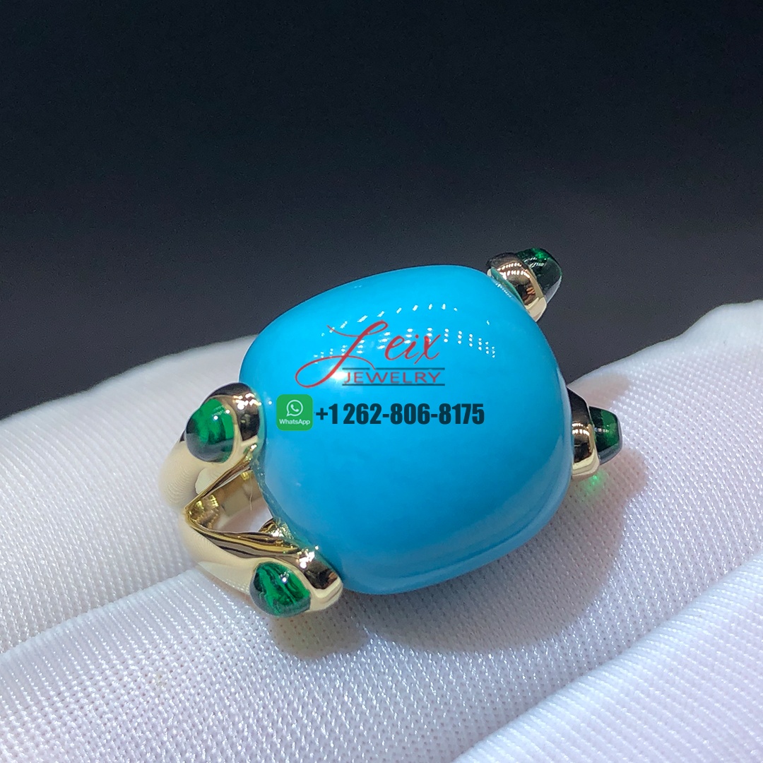 Custom Made Turquoise and Emeralds 18K Yellow Gold Cindy Cocktail Ring