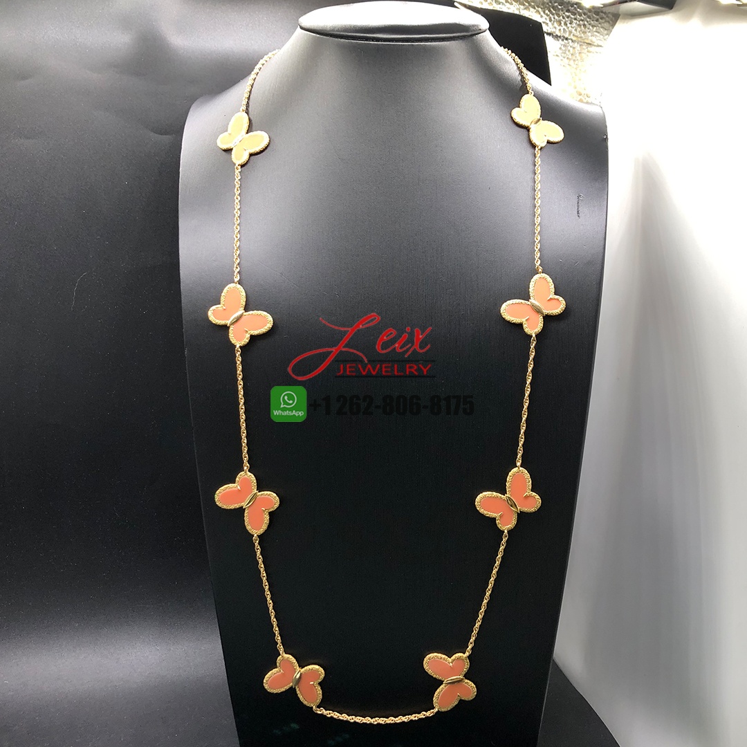 Van Cleef & Arpels 18K Yellow Gold 10 Motif Coral Butterfly Alhambra Necklace