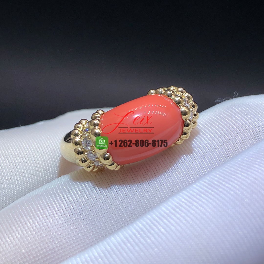 Van Cleef & Arpels 18k Yellow Gold Perlee Couleurs Coral Diamond Ring
