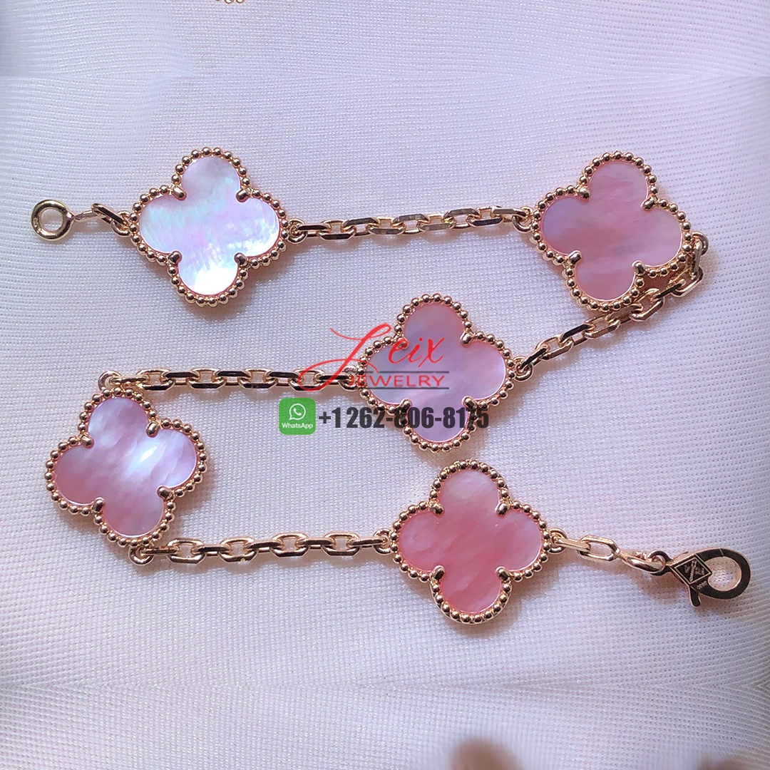 Van Cleef & Arpels Vintage Alhambra 5 Motifs Pink Mother of Pearl 18k Rose Gold Bracelet