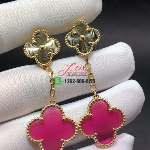 Van Cleef & Arpels Magic Alhambra 2 Motifs Pink Enamel Guilloche 18k Yellow Gold Earrings