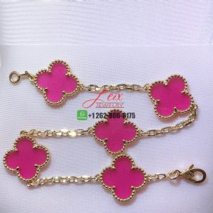 Van Cleef & Arpels Vintage Alhambra Pink Enamel 5 Motifs 18k Yellow Gold Bracelet