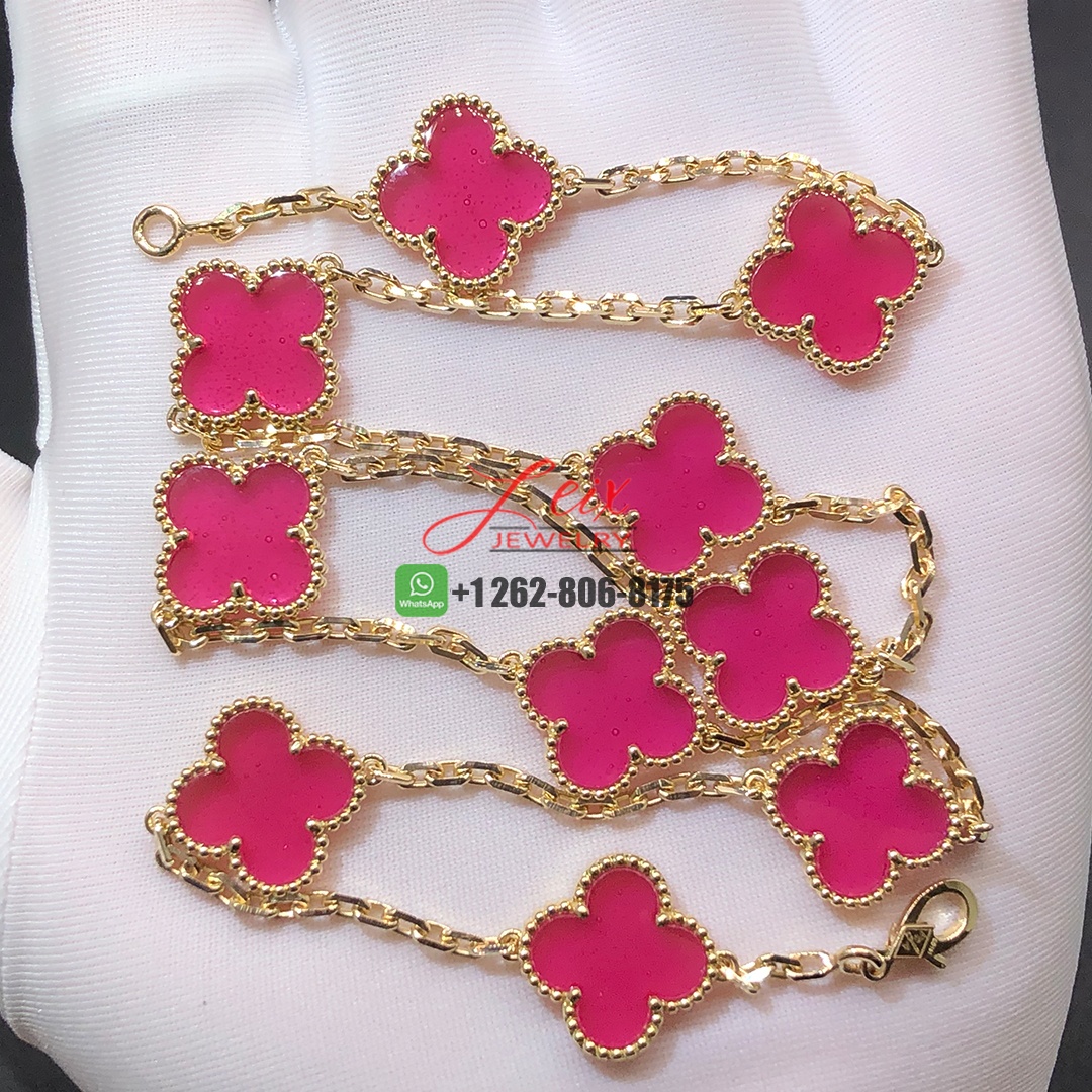 Van Cleef & Arpels Vintage Alhambra Pink Enamel 10 Motifs 18K Yellow Gold Necklace Van Cleef & Arpels Vintage Alhambra Pink Enamel 10 Motifs 18K Yellow Gold Necklace